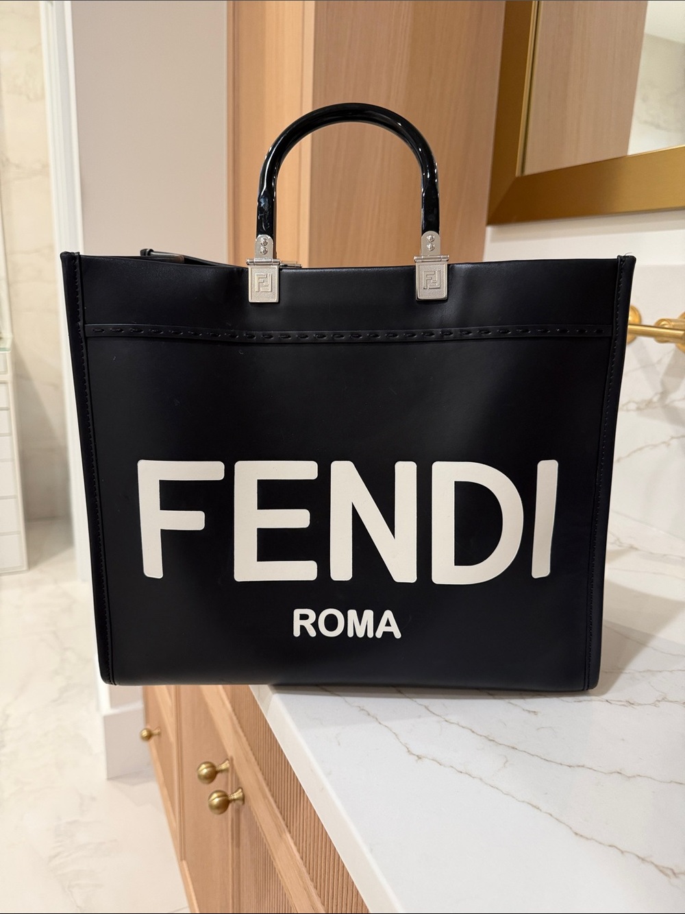 Fendi Medium Sunshine Black Tote with White Logo